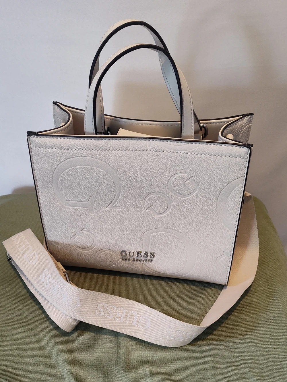GUESS Cream Embossed Logo Satchel with Detachable Strap